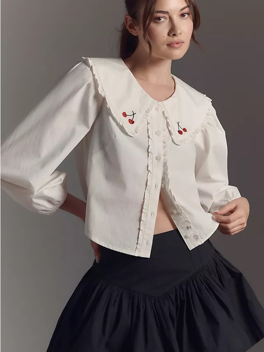 Maeve White Button-Front Top with Embroidered Cherry Collar